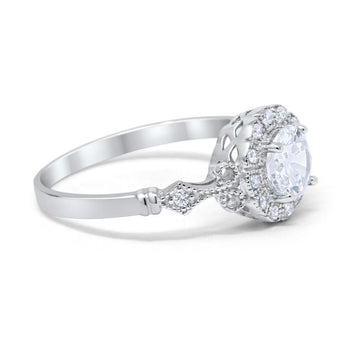 Halo Fancy Wedding Ring Round Simulated Cubic Zirconia 925 Sterling Silver